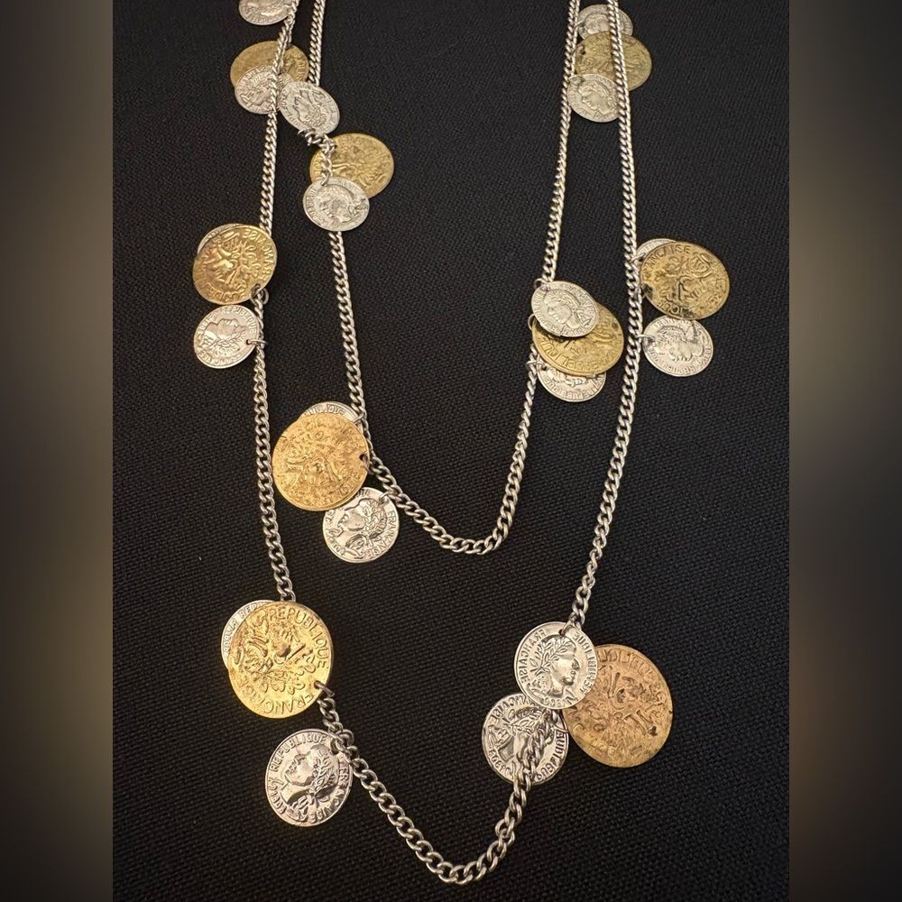 Long Gold and Silver Tone Coin Charm Necklace with Mixed Metal - Boho Statement - Picture 3 of 4